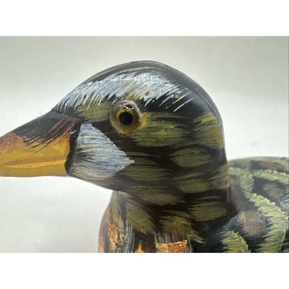 2 Handpainted Wooden Wood Carved Mallard Ducks Birds Figurine glass eyes